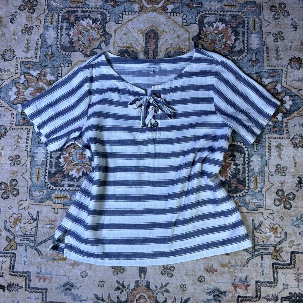 Madewell Blue White Striped Lace Up Grommet Linen Cotton Top Fall Layer Size M